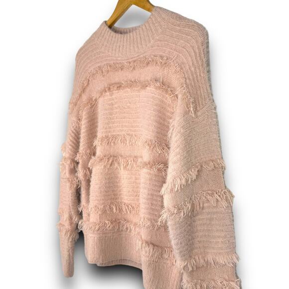 Very J Pink Shaggy Fringe Knit Sweater Mock Neck Drop Shoulders Boxy Size Small - Picture 2 of 6